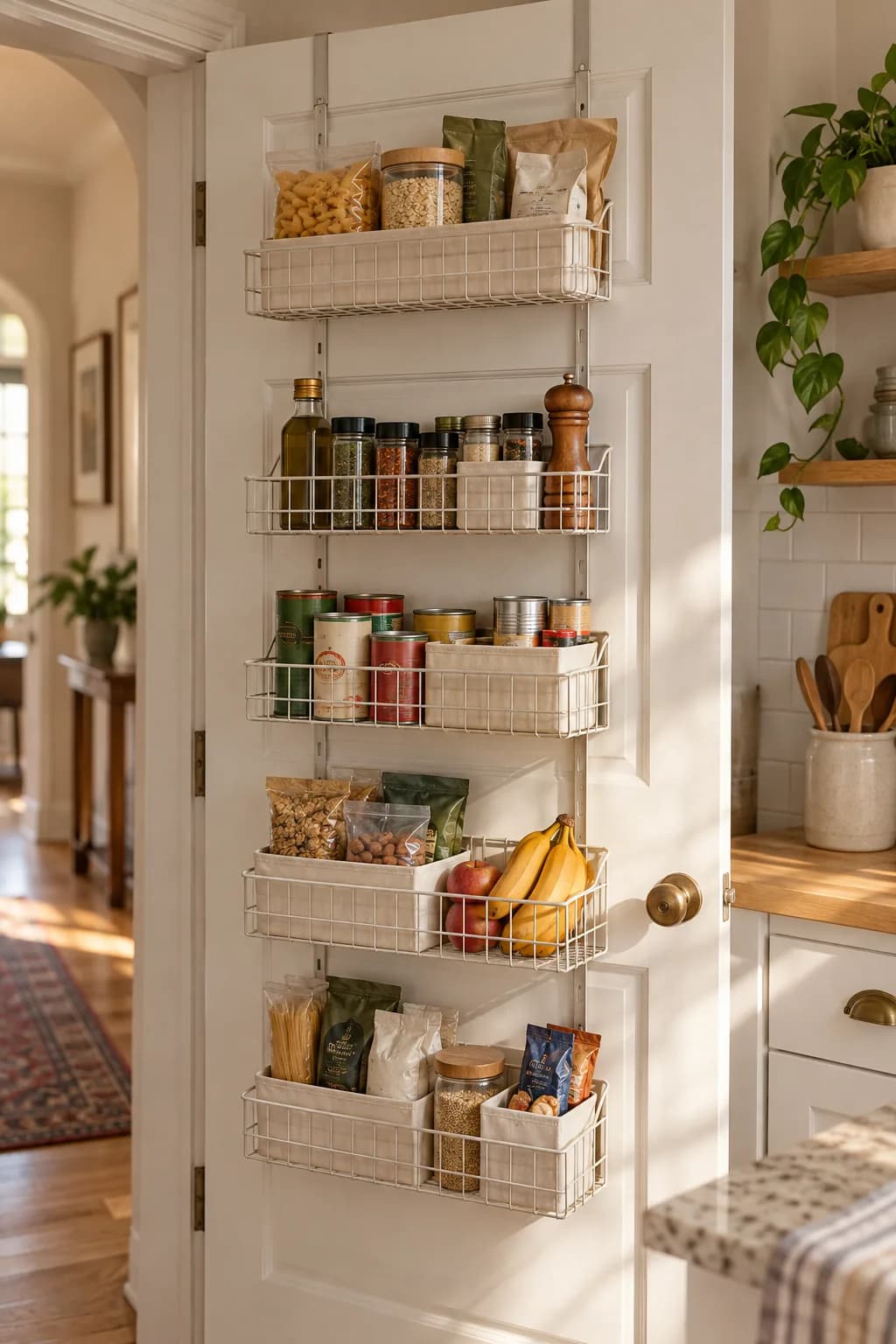 Five-tier over-the-door wire rack holding cans, spices, snacks and fruit on a white door