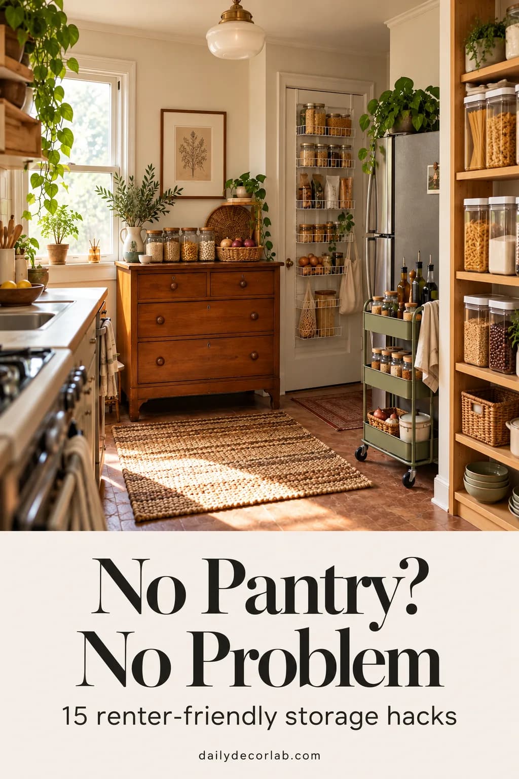 Small apartment kitchen with a dresser pantry, rolling cart and over-the-door rack