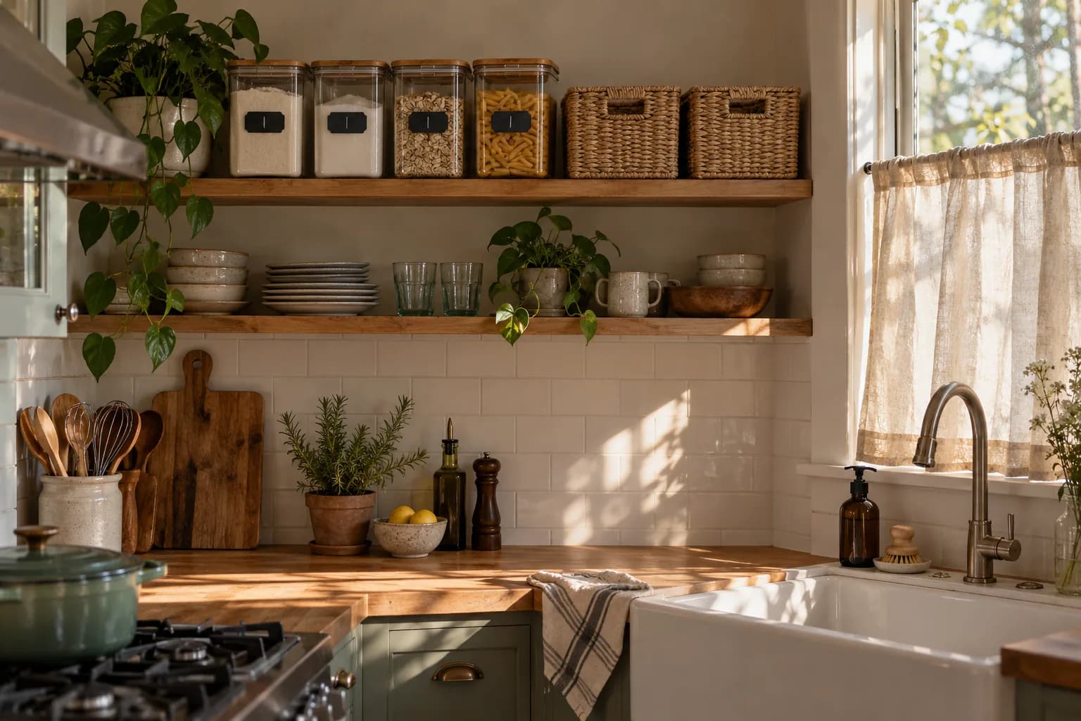 Open kitchen shelf with matching square airtight containers of flour, pasta and cereal beside woven baskets