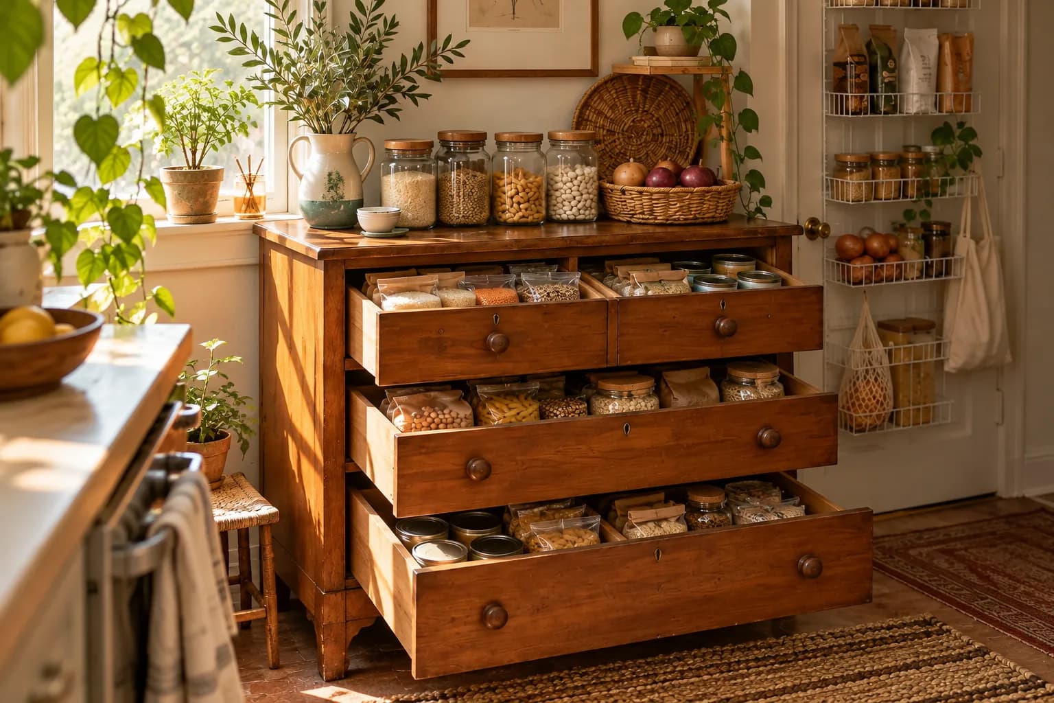 Thrifted wooden dresser with open drawers holding rice, canned goods and jars, used as a kitchen pantry