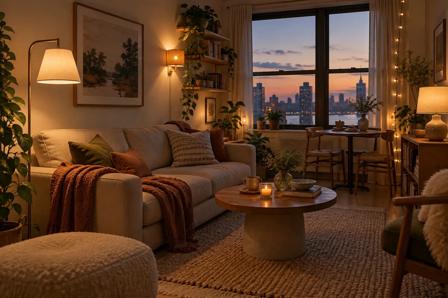 Small living room at dusk lit by a floor lamp, plug-in sconce, table lamp and string lights