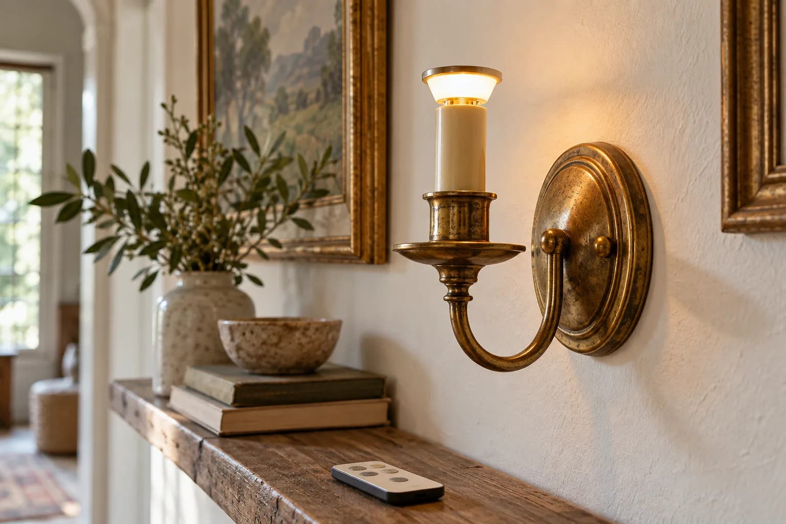 DIY sconce with a rechargeable puck light glowing in the socket