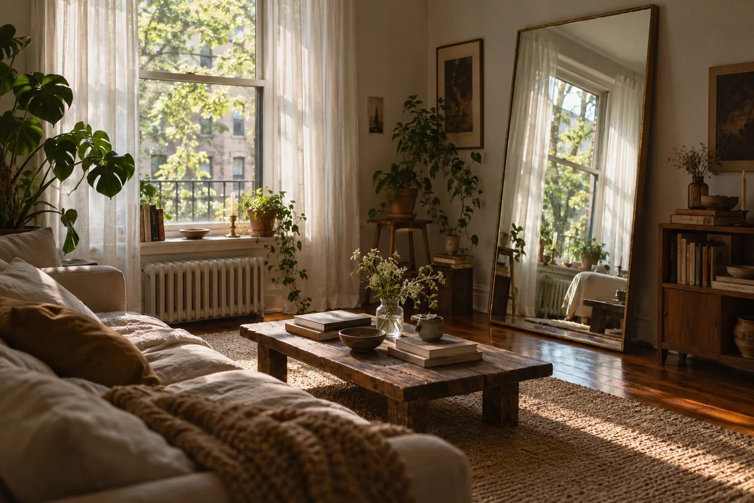 Large floor mirror opposite a window bouncing daylight into a small living room