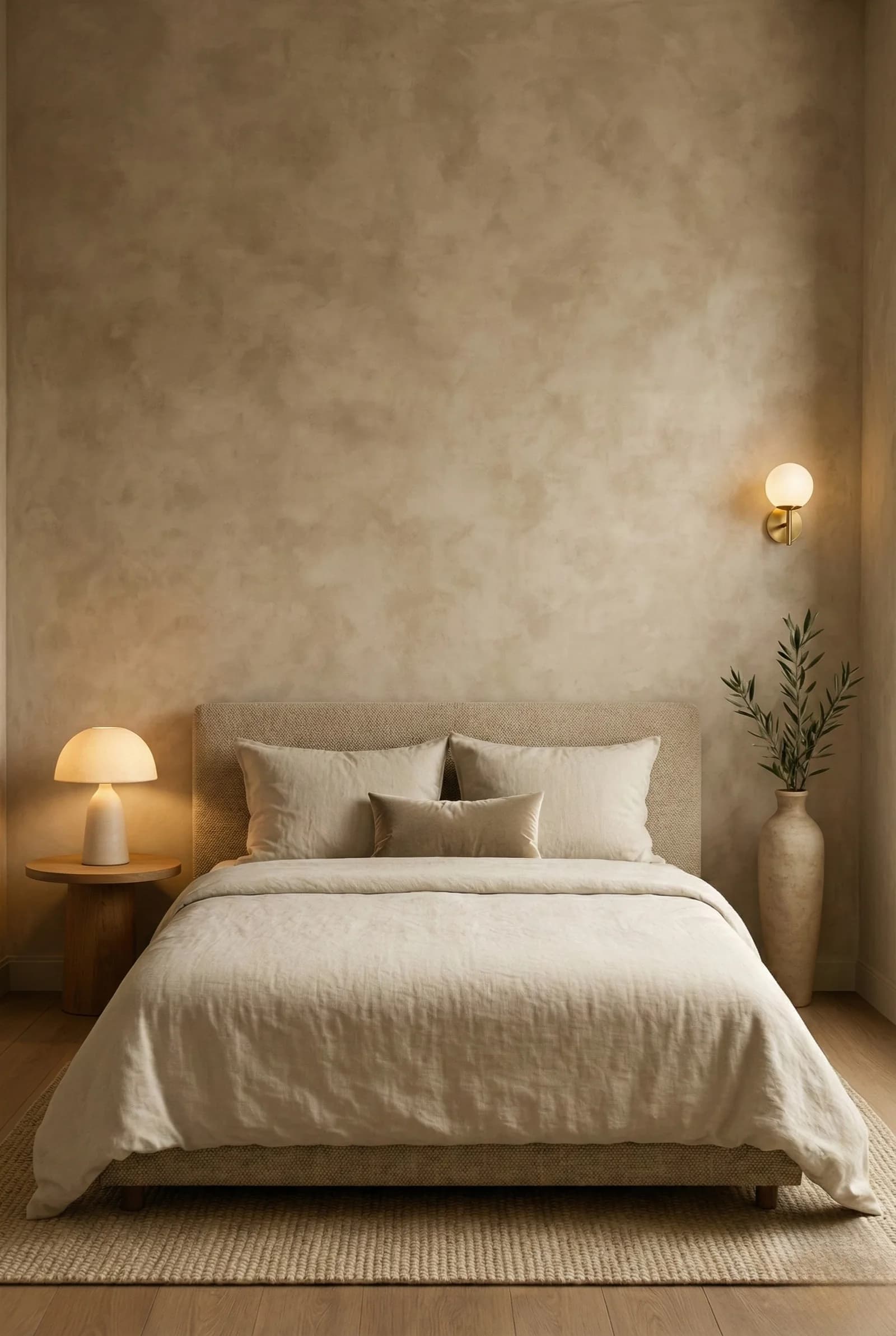 Bedroom with a beige wall in a soft mottled finish, a linen upholstered bed with cream bedding, a globe wall light, a mushroom lamp and a tall vase of olive branches