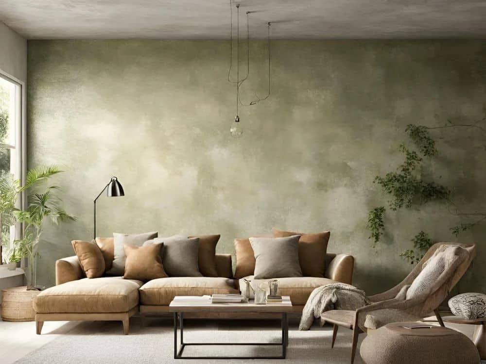 Living room with a soft green wall in a cloudy, mottled finish behind a tan sectional sofa, a metal coffee table, a floor lamp and trailing plants