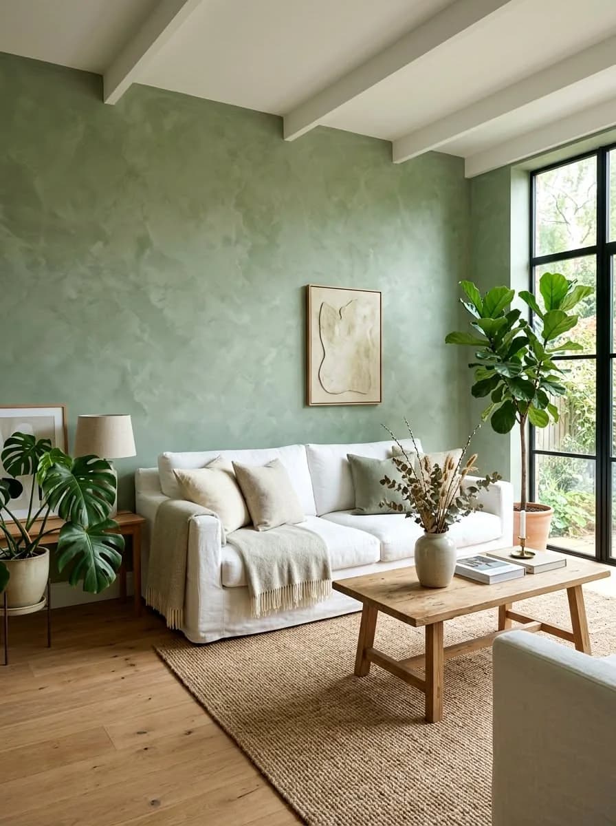 Living room with a soft green wall in a cloudy brushed finish, white ceiling beams, a white slipcovered sofa, a wooden coffee table, a jute rug and large leafy plants