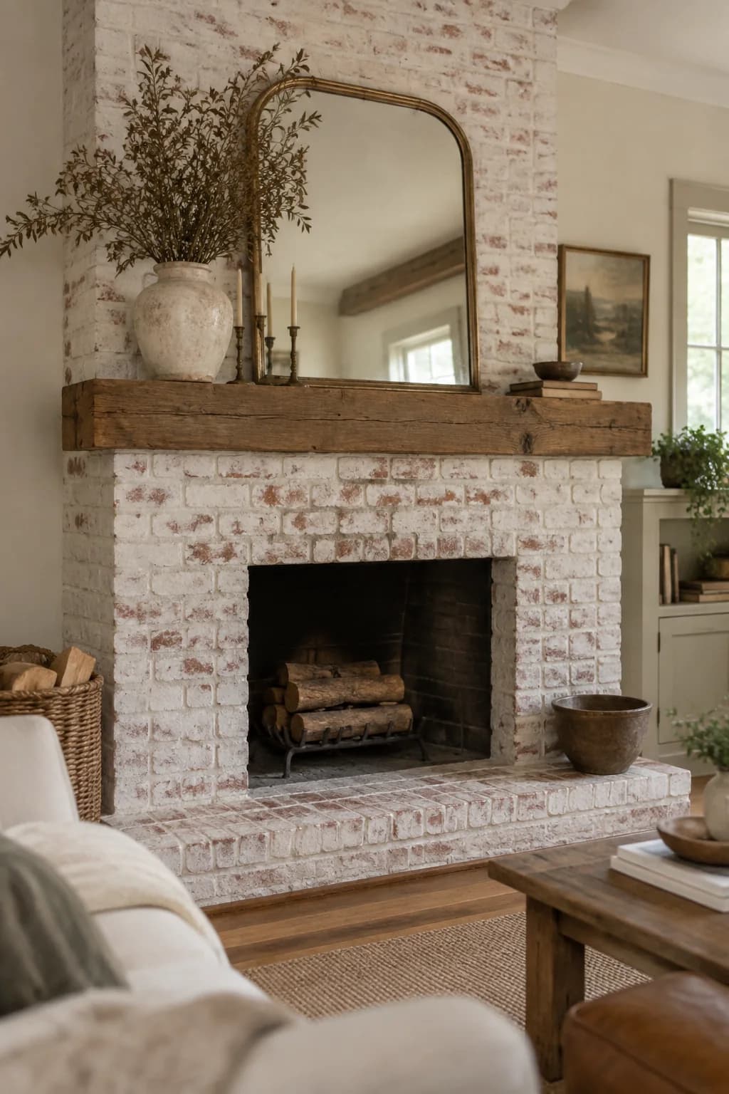 Brick fireplace with a thin white wash that lets patches of red brick show through, a rough wooden mantel, an arched brass mirror and a vase of dried branches