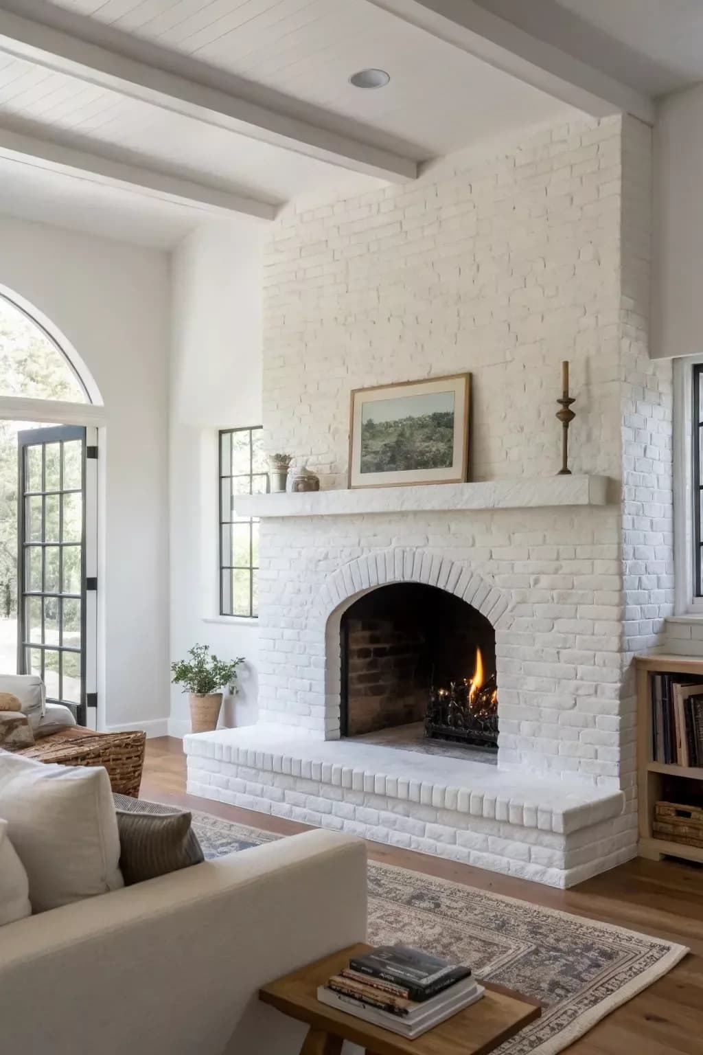 White painted brick fireplace with an arched opening and a painted mantel, in a room with white beams, a landscape painting and a patterned rug