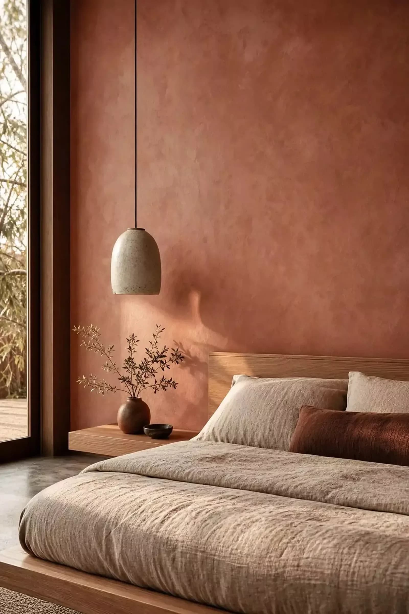 Bedroom with a terracotta wall in a mottled matte finish, a low wooden platform bed with linen bedding, a stone pendant lamp and a vase of branches