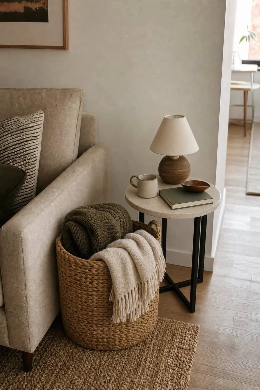 End of a beige sofa with a round stone side table holding a small lamp and a mug, and a large woven basket of throws on a jute rug