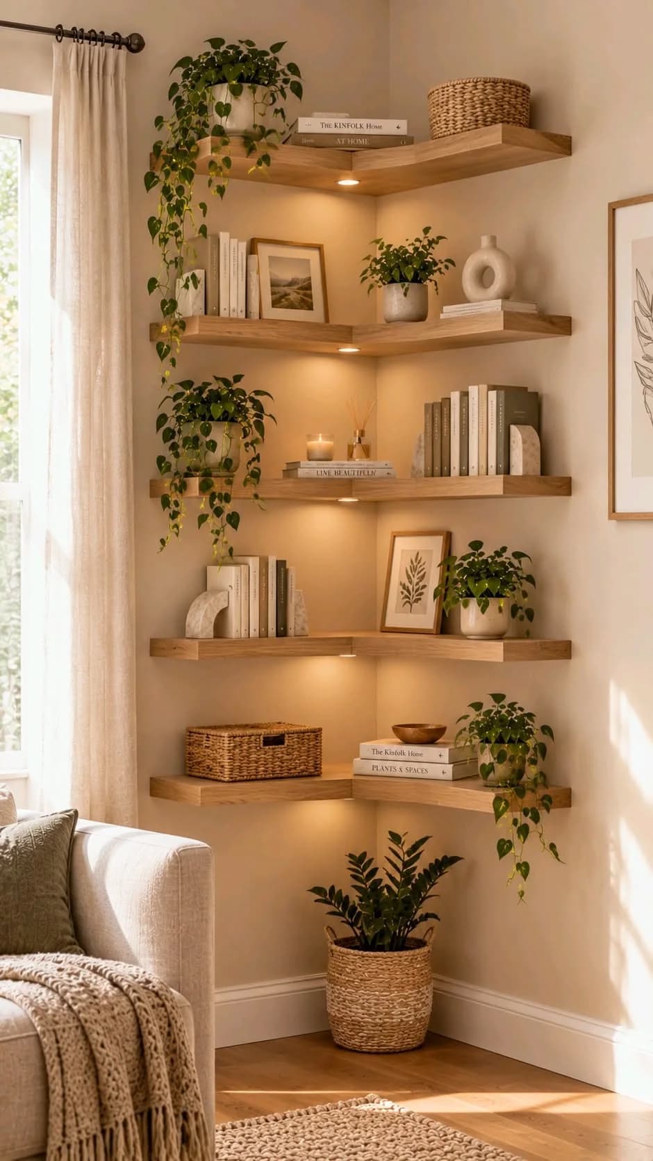 Six pale wood floating shelves wrapped around a corner with books, trailing plants, baskets and framed prints, lit from below, and a plant in a basket on the floor