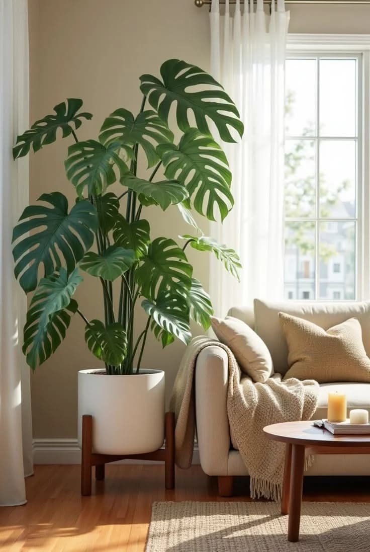 Large monstera in a white pot on a wooden stand beside a cream sofa with a knitted throw, next to a window with sheer curtains