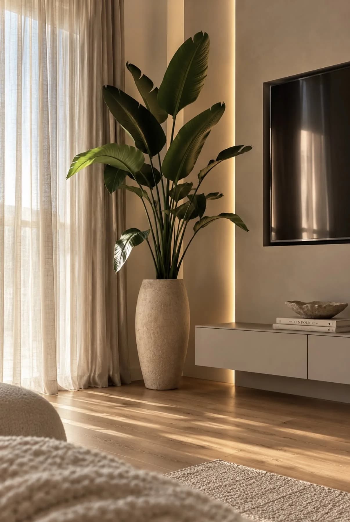 Tall bird of paradise plant in a stone vase beside a wall-mounted television and a low floating cabinet, with sheer curtains at the window