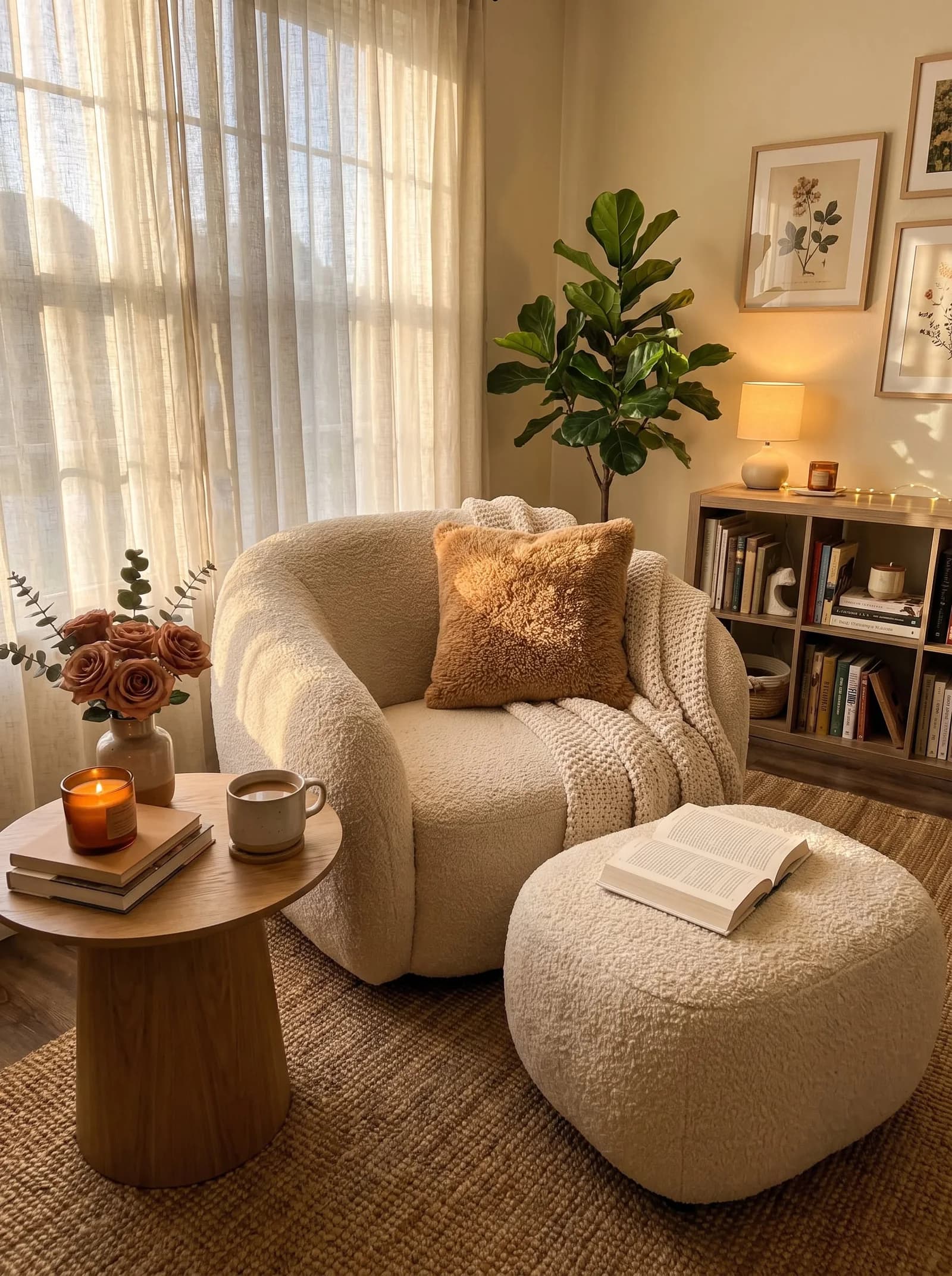 Living room corner with a rounded cream bouclé armchair and matching ottoman, a round wooden side table, a low bookcase with a lamp, framed prints and a fiddle-leaf fig