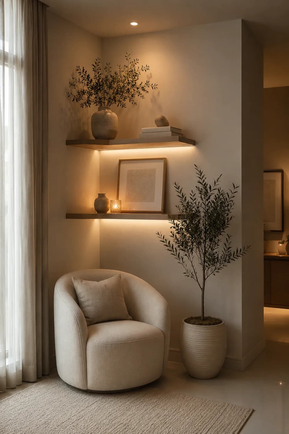Narrow corner with a small cream tub chair, two lit floating shelves holding a vase of branches, a print and a candle, and an olive tree in a ribbed pot