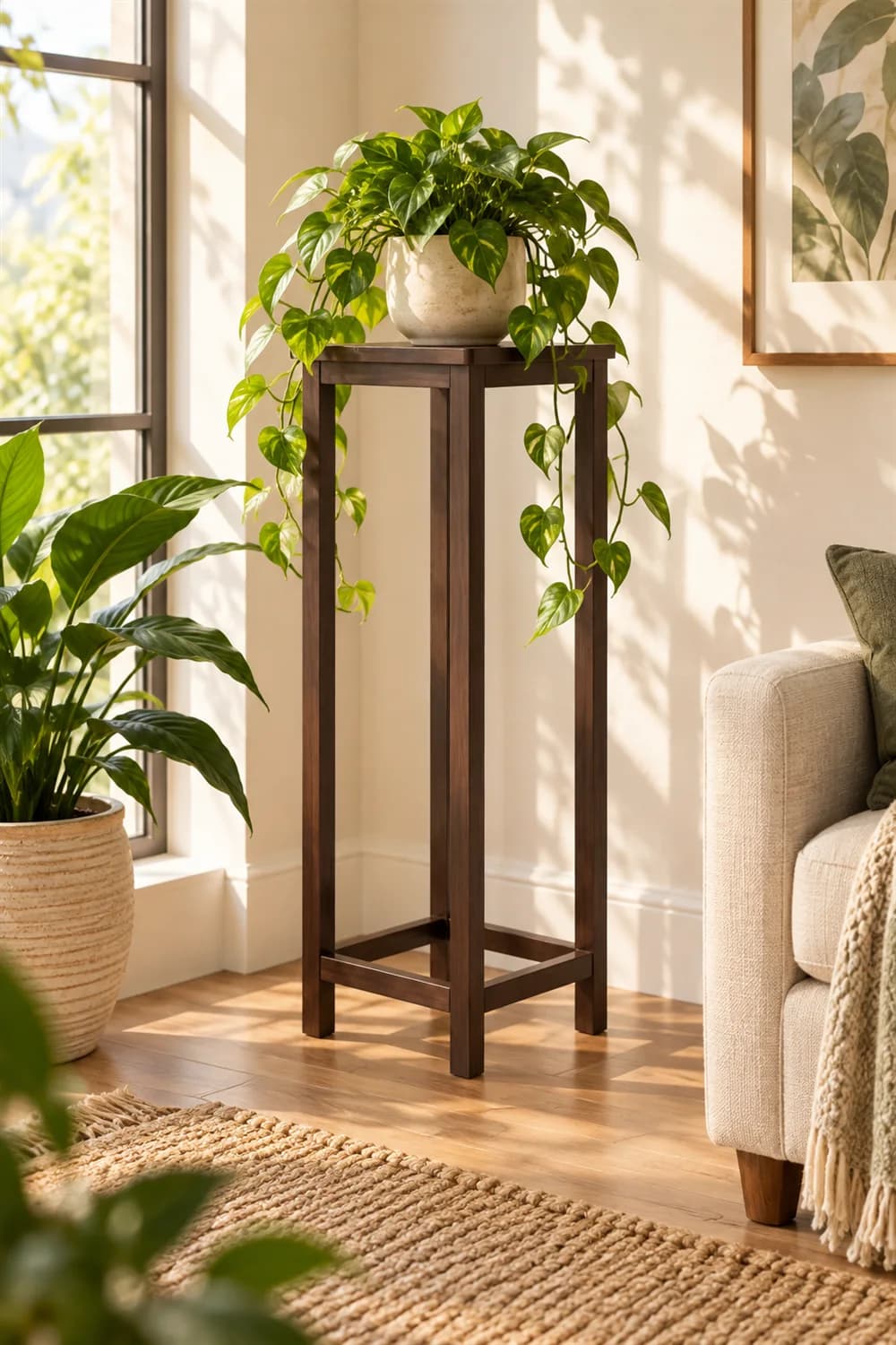 Tall dark wood plant stand in a sunny corner with a trailing pothos on top, a leafy plant in a basket beside it and a jute rug