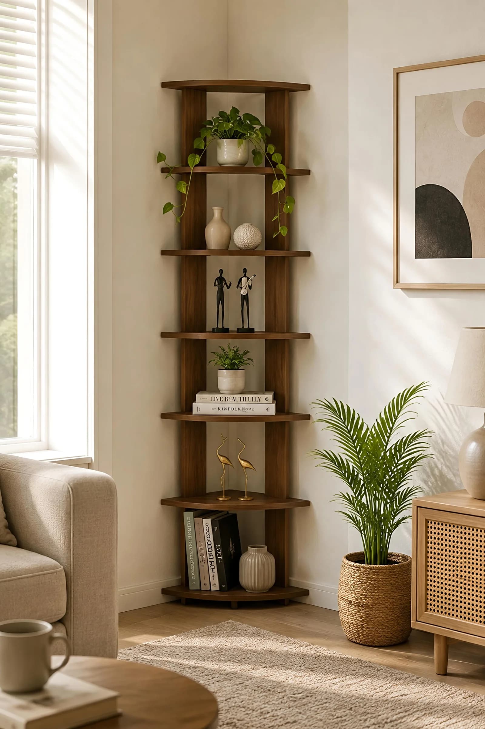 Tall rounded dark wood corner shelf beside a window with plants, vases, figurines and books, a palm in a basket and a cane cabinet beside it