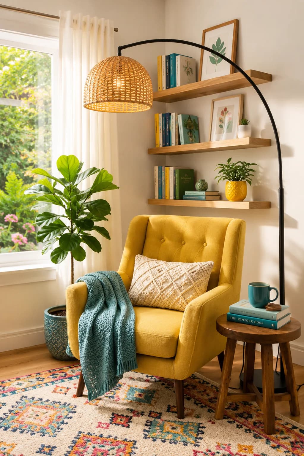 Mustard yellow armchair with a teal throw in a window corner, an arched floor lamp with a woven shade, three wooden shelves of books, a fiddle-leaf fig and a colorful patterned rug