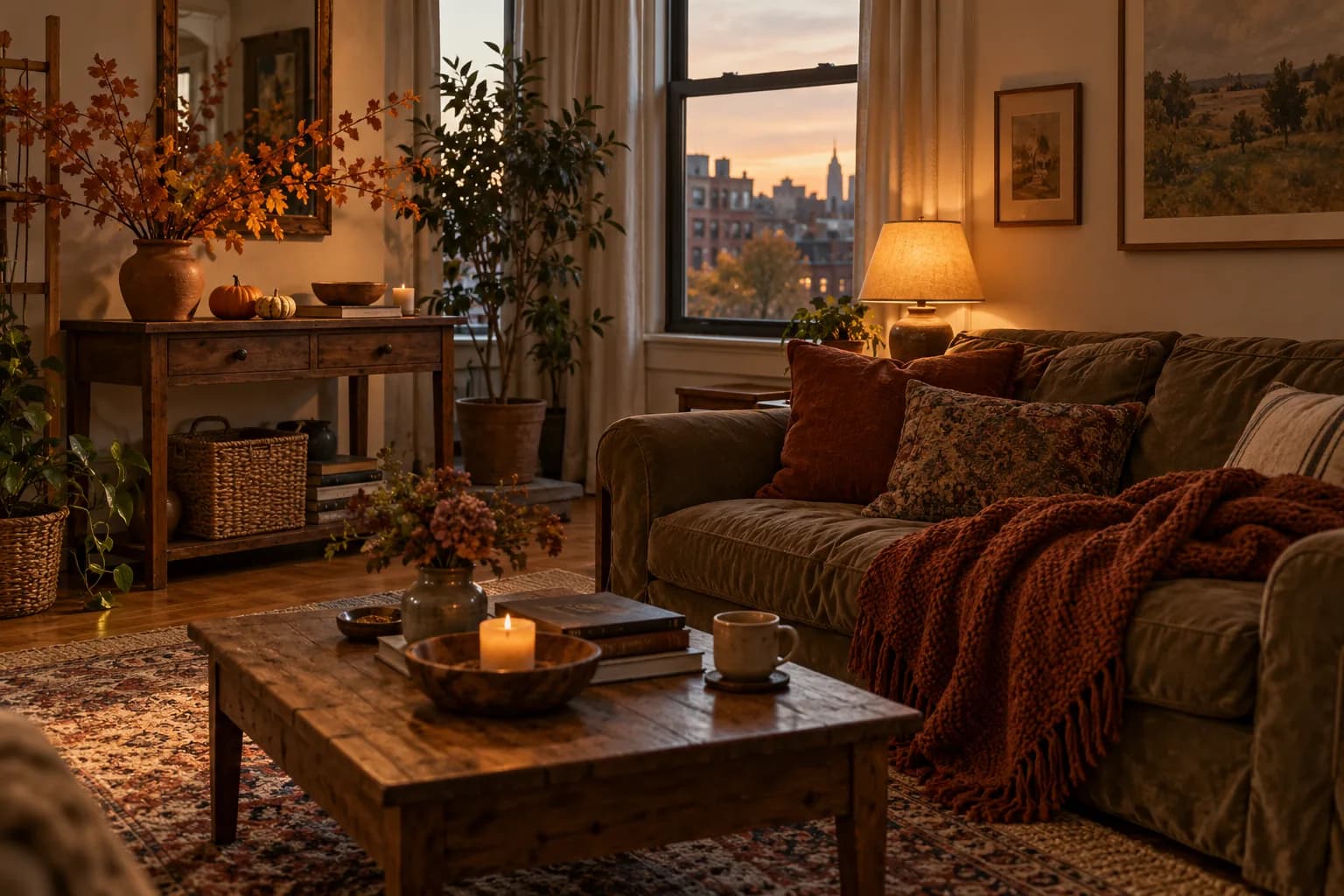 Cozy autumn apartment living room with orange branches in a terracotta vase, pumpkins and a rust throw