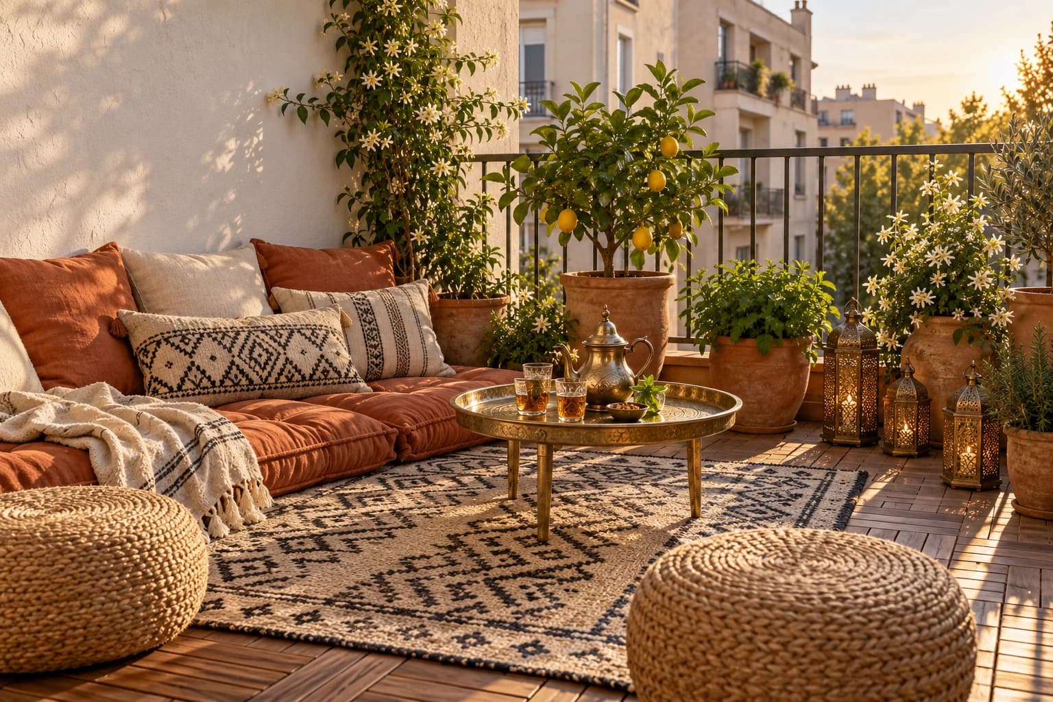 Small apartment balcony with floor cushions, woven poufs, a patterned rug, brass lanterns and terracotta pots