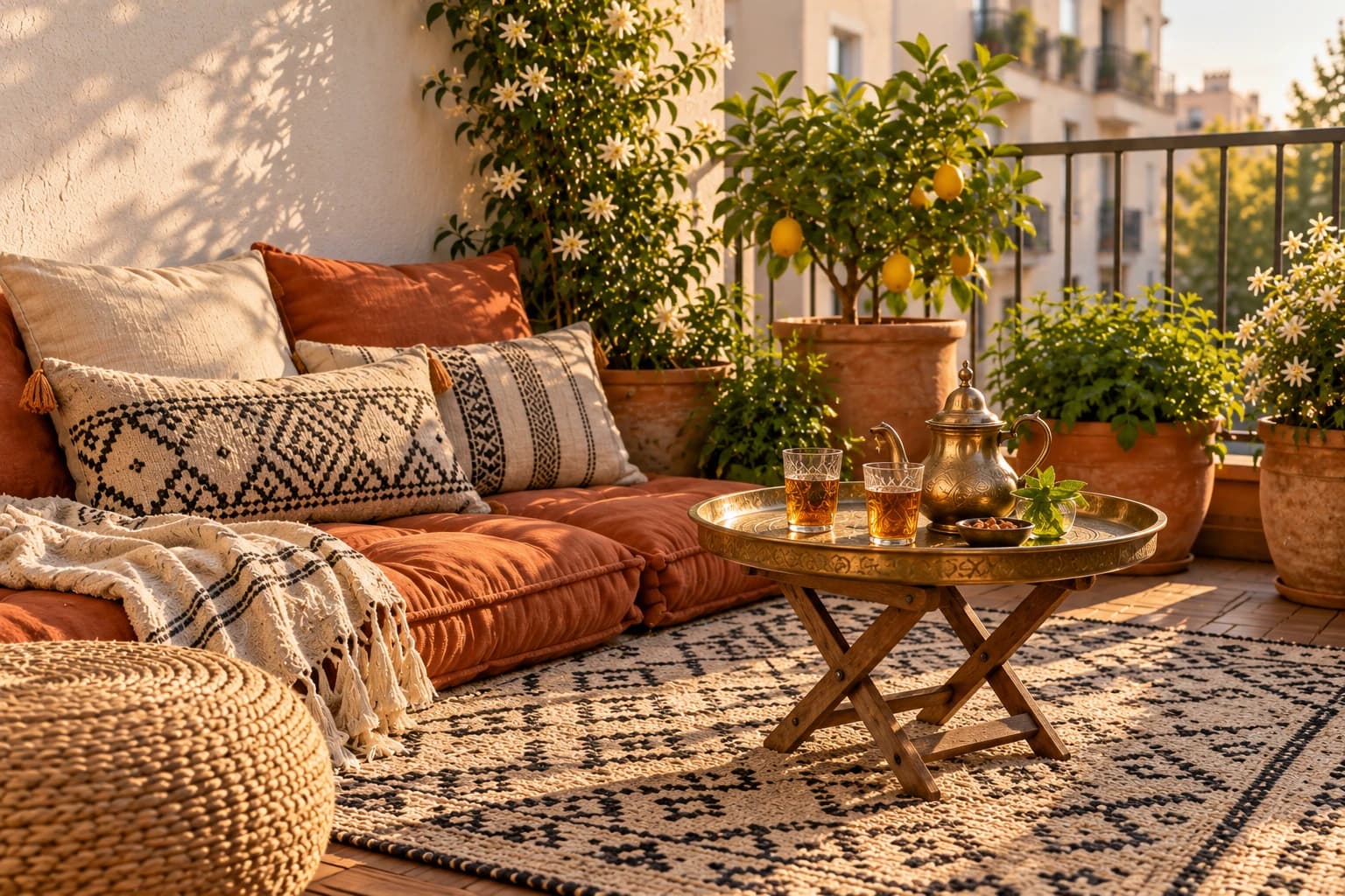 Low floor cushions against a white balcony wall with a woven pouf and a small brass tray table