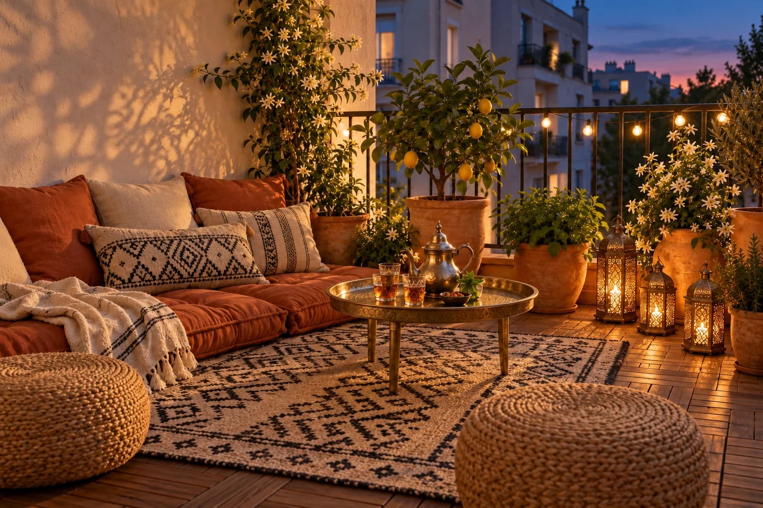 Three pierced metal lanterns glowing on an apartment balcony at dusk with string lights along the railing