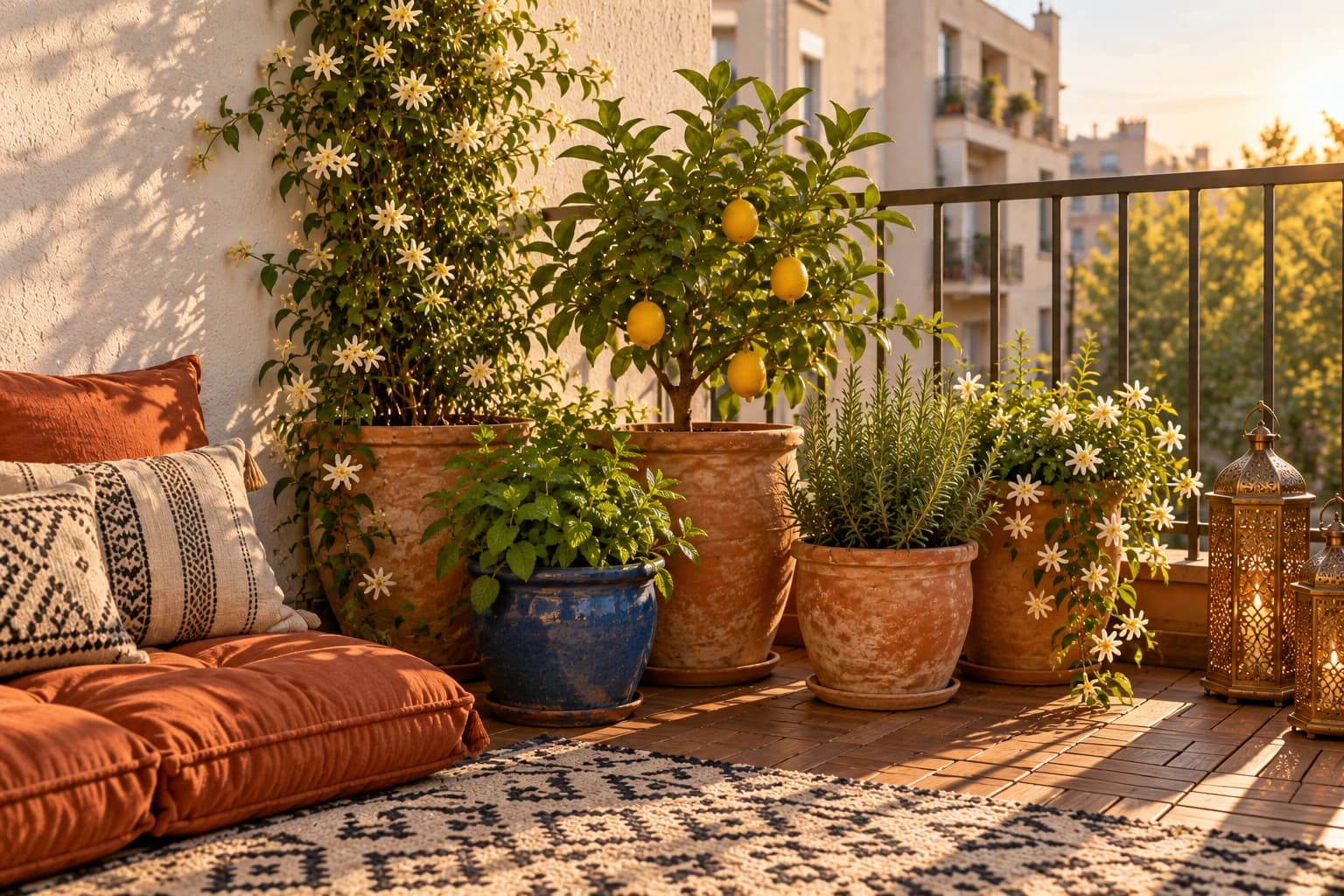 Cluster of terracotta pots with a dwarf lemon tree, mint and jasmine, with one cobalt blue pot