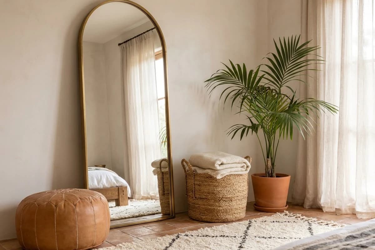 Tall arched mirror with a thin brass frame beside a tan leather pouf, a basket with a wool blanket and a potted palm