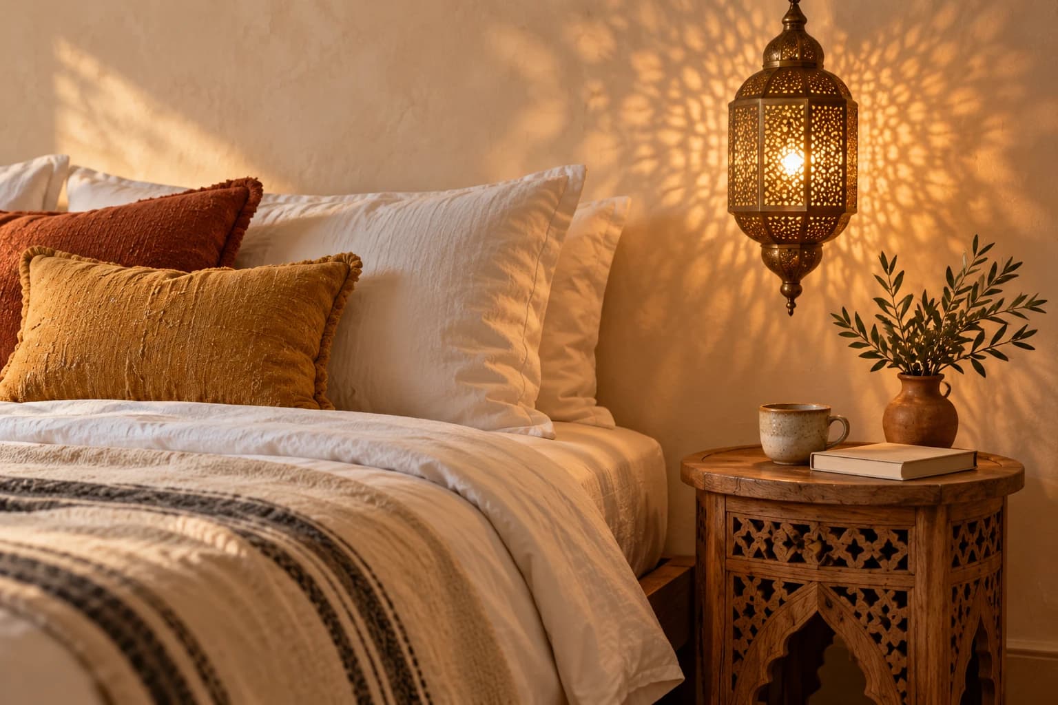 Pierced brass pendant lantern glowing above a carved wood bedside table beside white linen pillows