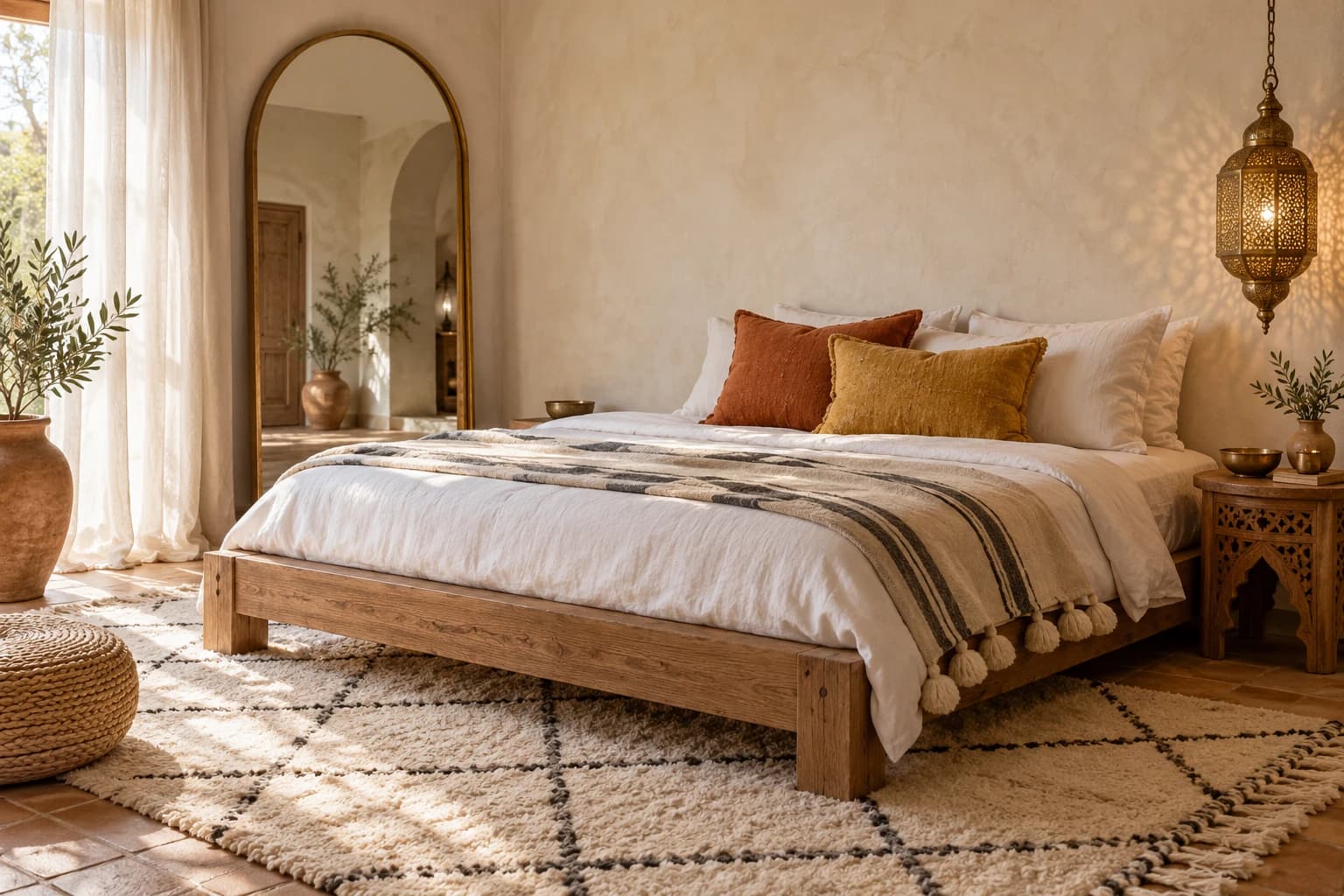Moroccan style bedroom with a low wood bed, white linen bedding, a striped pom-pom blanket, an arched mirror and a brass lantern