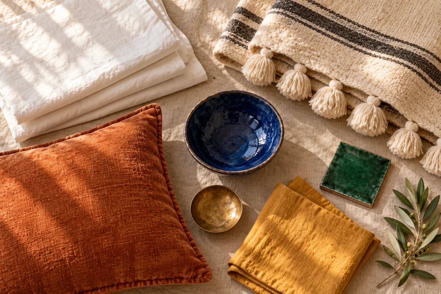 Flat lay of white linen, a striped pom-pom blanket, terracotta velvet, a cobalt blue bowl, saffron cotton, brass and a green glazed tile