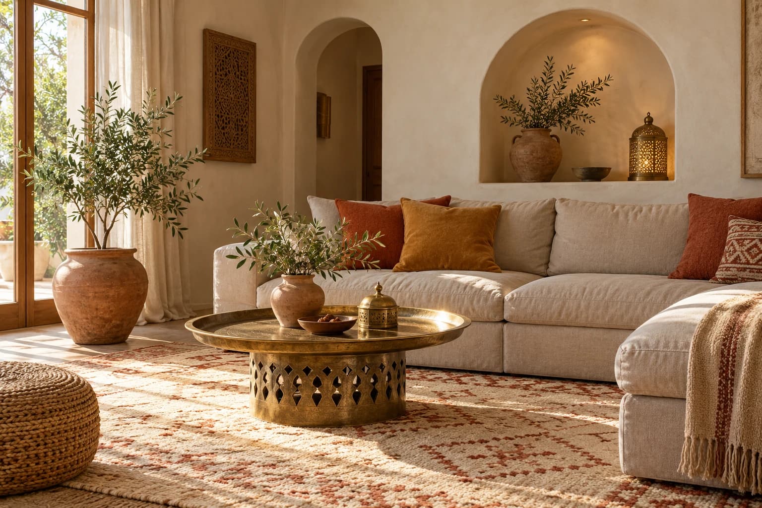 Living room with warm white plaster walls, a sand sofa with terracotta and saffron cushions, a brass tray table and an arched niche