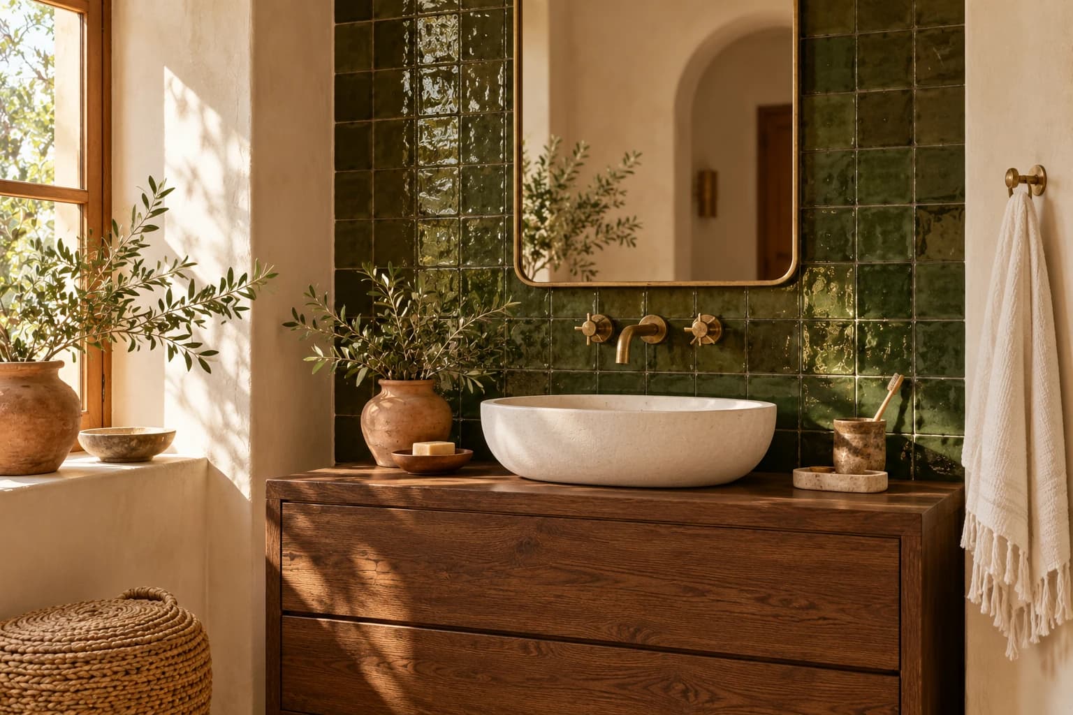 Bathroom vanity wall in deep green zellige tile with white plaster walls, brass taps and a dark wood vanity
