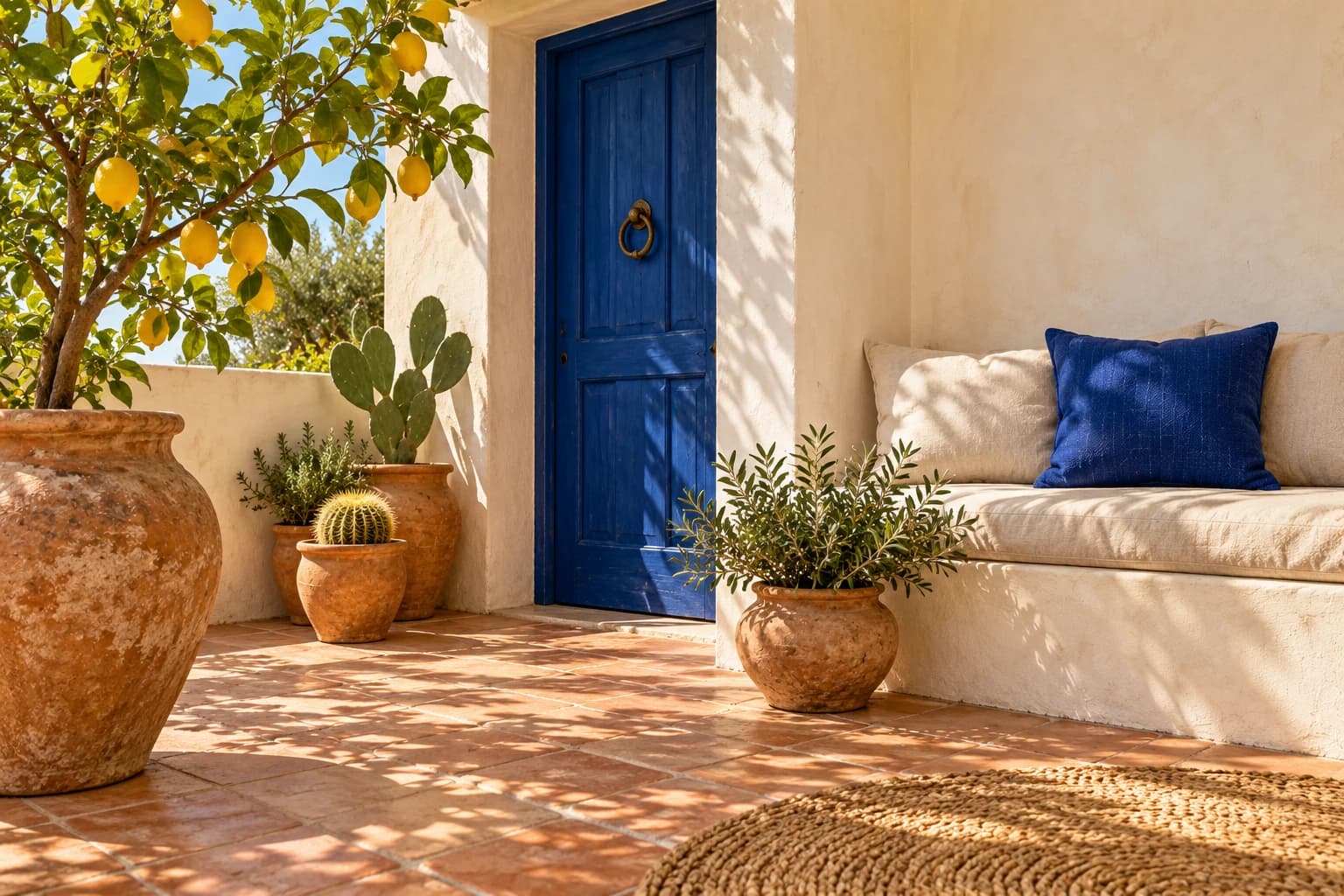Sunny terrace with white walls, a cobalt blue door and cushion, terracotta pots and a lemon tree
