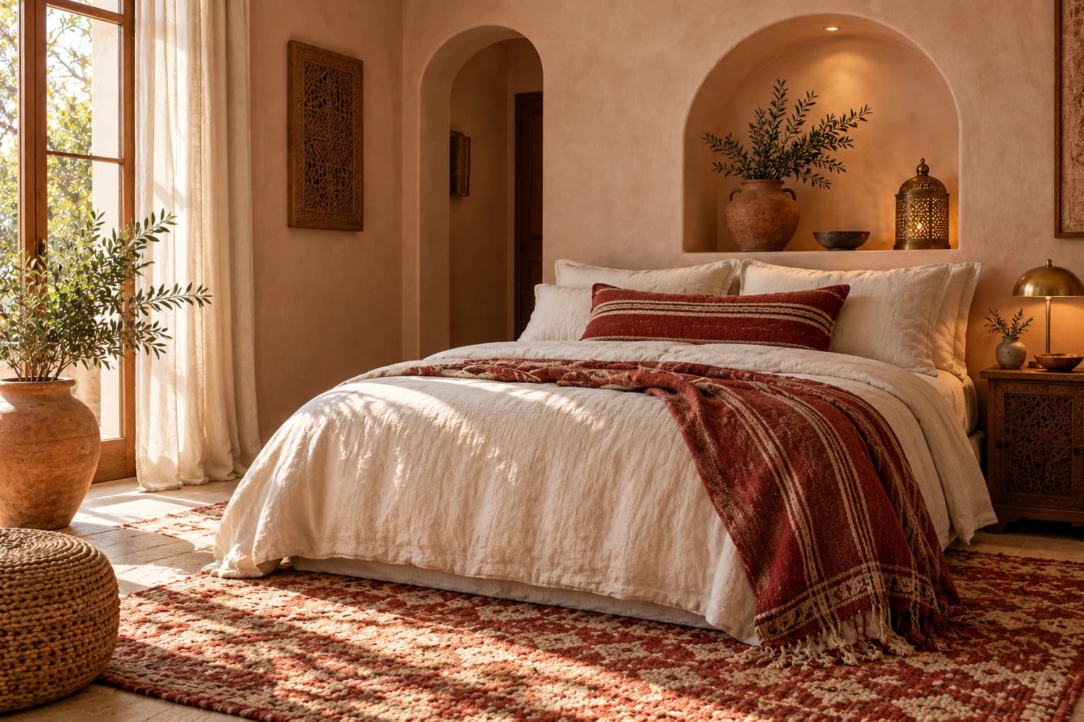 Bedroom with plaster-pink walls, cream bedding, a deep red striped throw and a red patterned rug