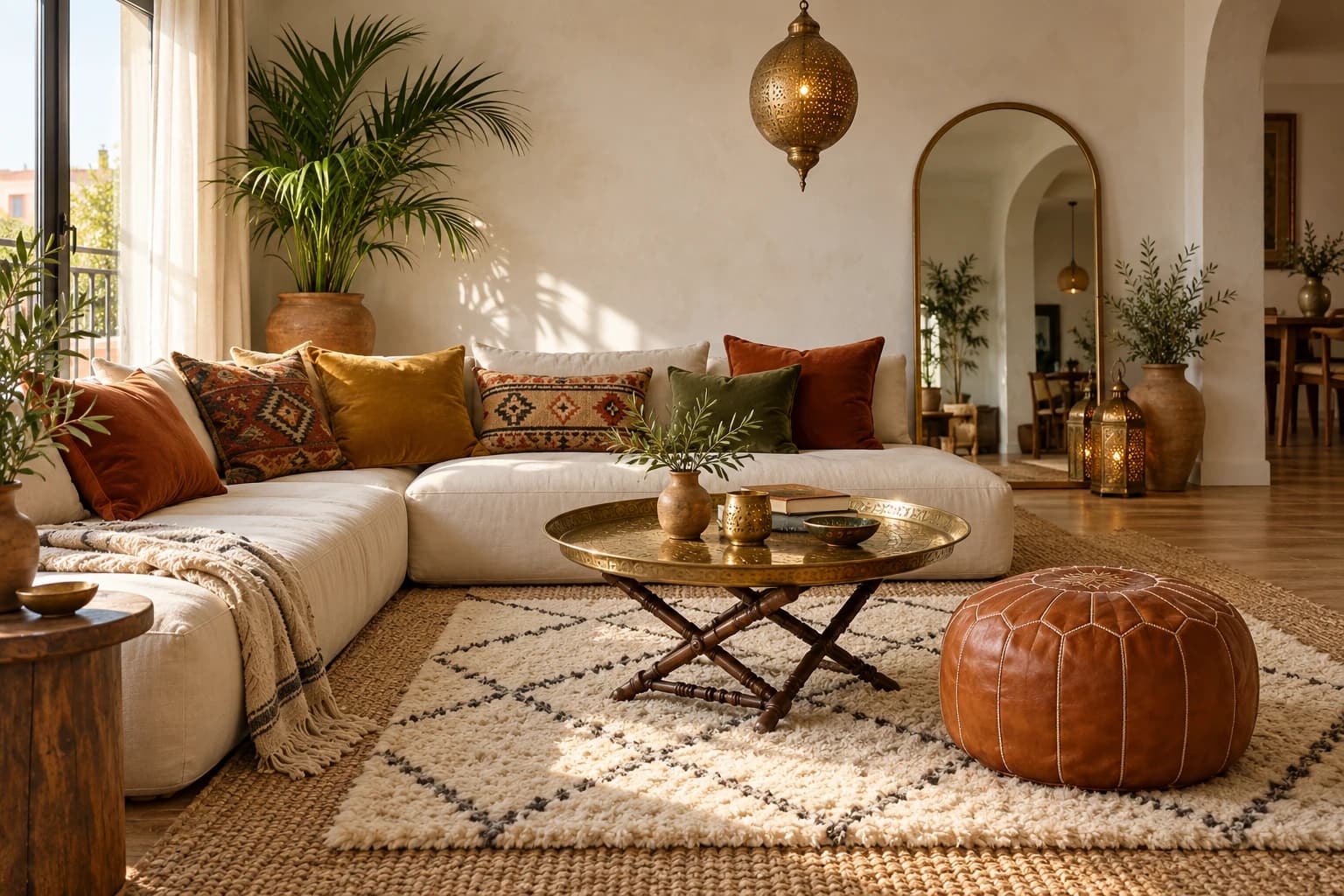 Modern Moroccan living room with a low cream sofa, wool rug, brass tray table, leather pouf and pierced lantern