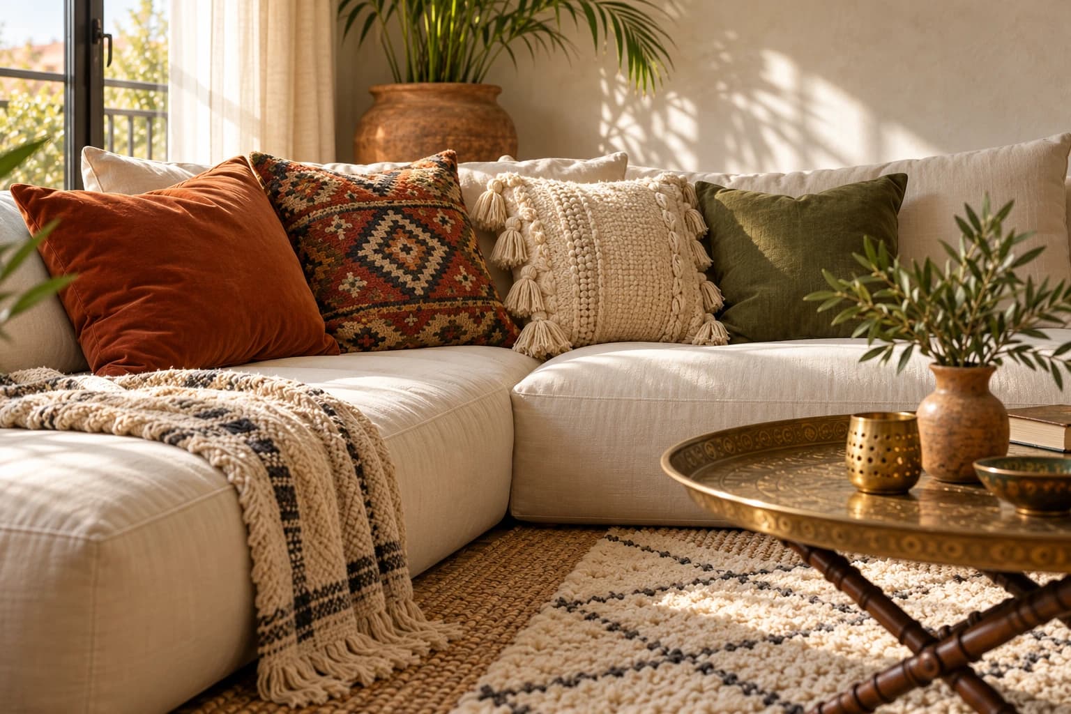 Layered cushions in kilim, terracotta velvet, cream wool and olive linen on a low cream sofa