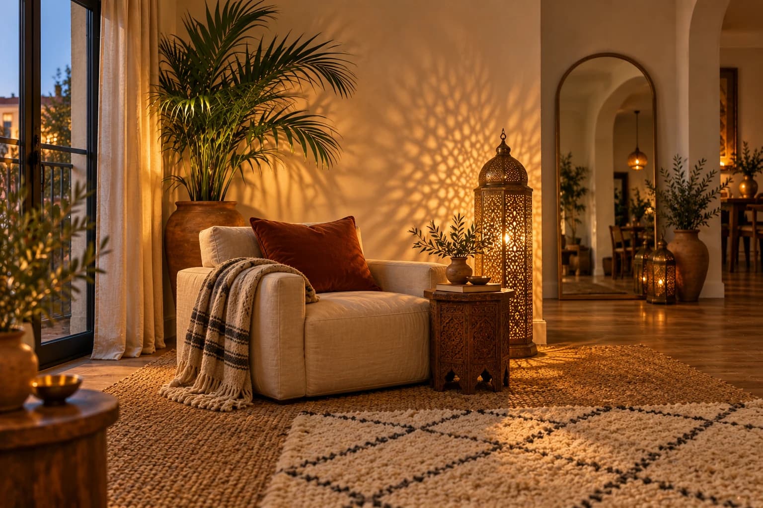 Pierced brass floor lantern casting star-patterned shadows on a warm white wall beside a low armchair
