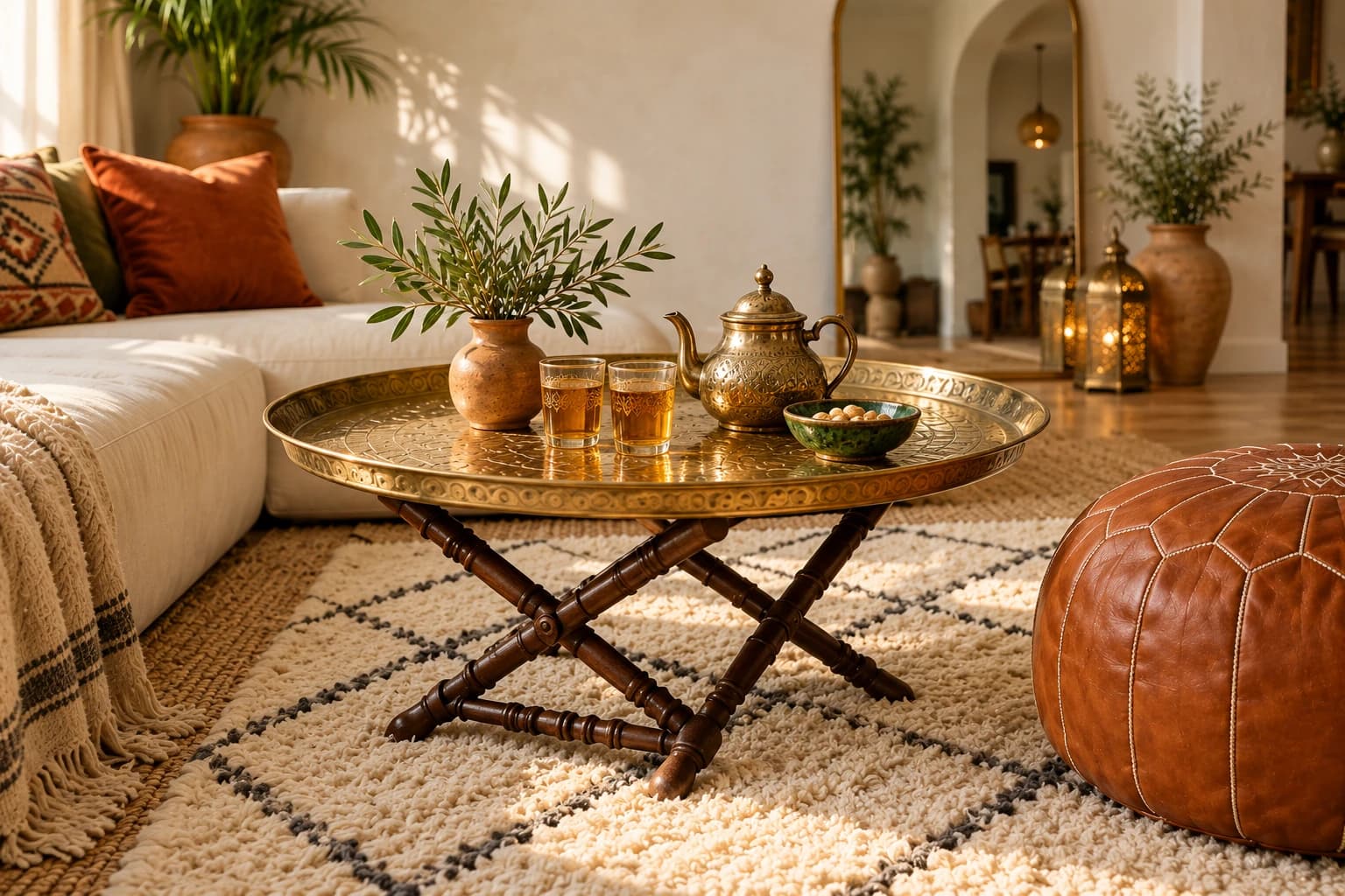 Round hammered brass tray table with a teapot and tea glasses beside a tan leather pouf on a cream rug
