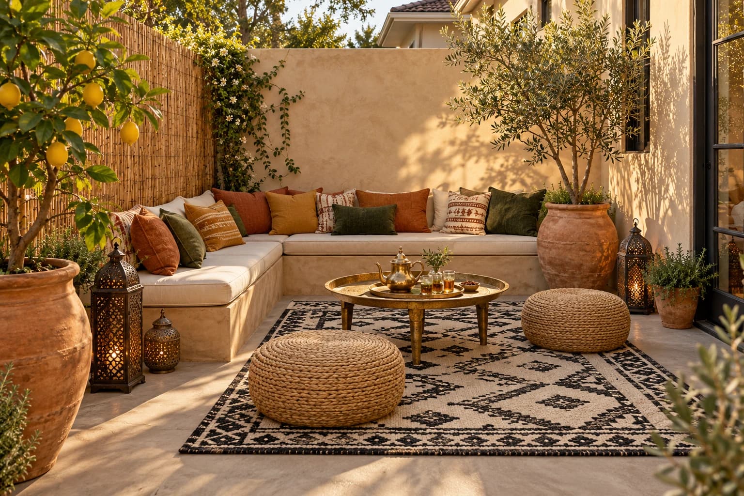Small walled patio with low cushioned corner seating, a black and cream patterned rug, a brass tray table, woven poufs and terracotta pots