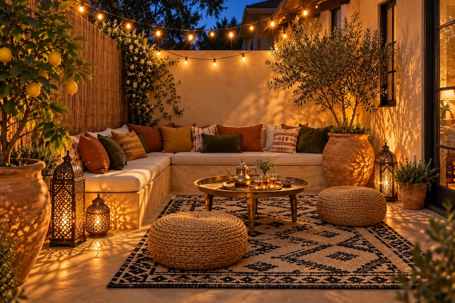 Patio at dusk lit by pierced metal lanterns on the ground and warm string lights overhead
