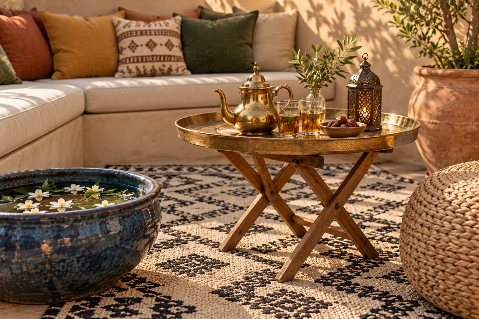 Brass tray table with a teapot and tea glasses on a patterned outdoor rug beside a blue glazed bowl of water with floating flowers