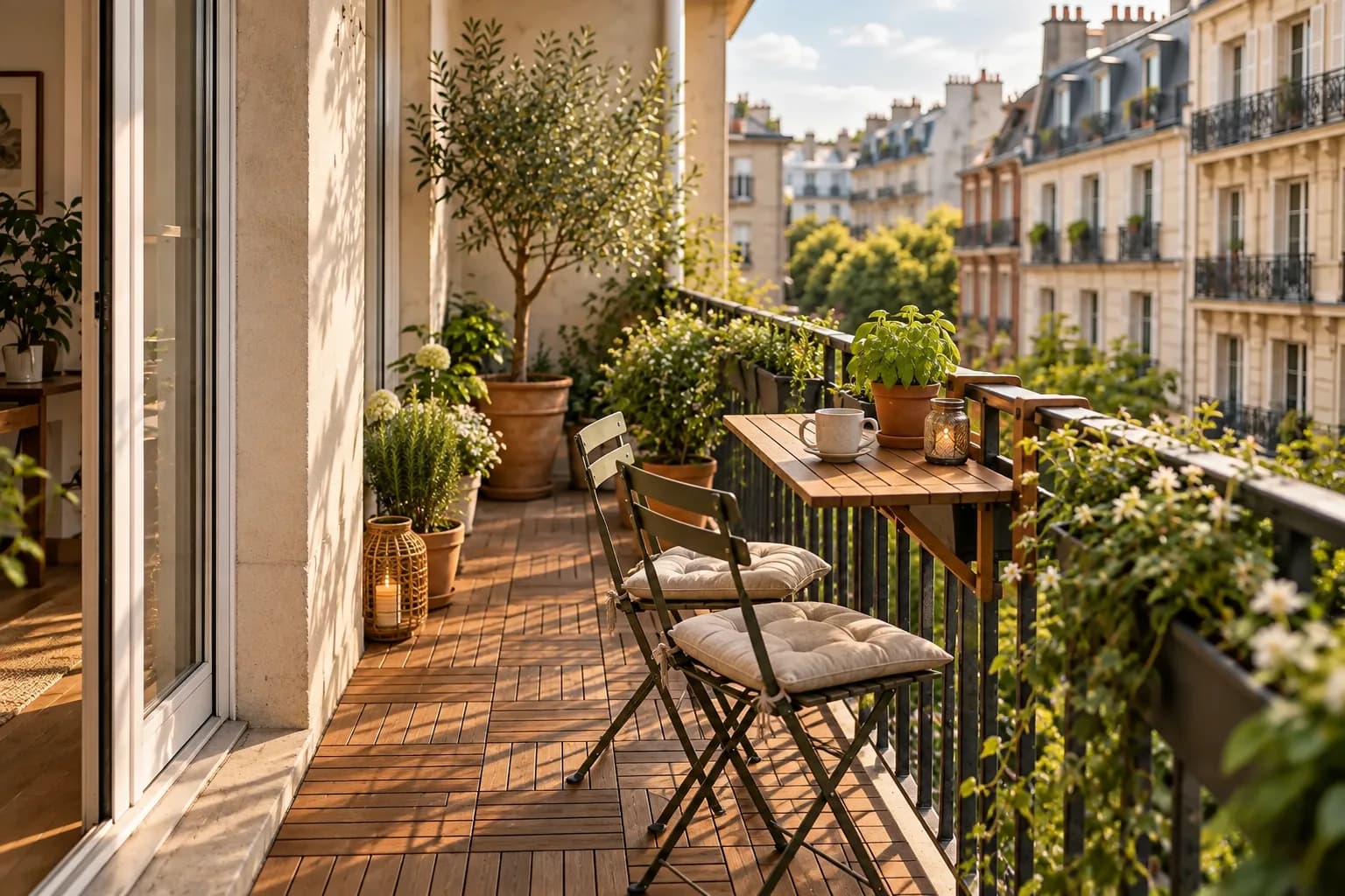 Folding railing table with two slim bistro chairs on a narrow balcony floored with wood deck tiles