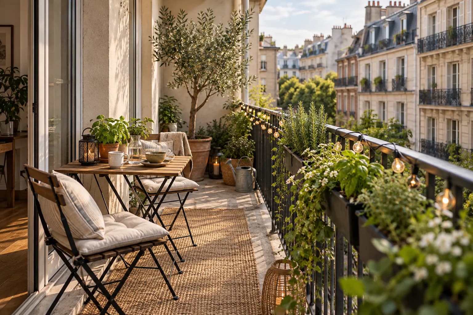 Narrow city balcony with a folding bistro set, jute runner, railing herb planters, string lights and an olive tree