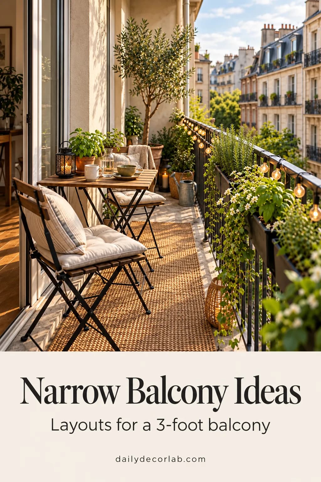 Narrow city balcony with bistro chairs, railing planters and string lights