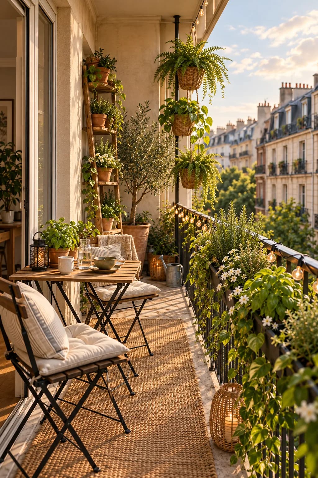 Narrow balcony vertical garden with railing planters, a ladder shelf and hanging ferns