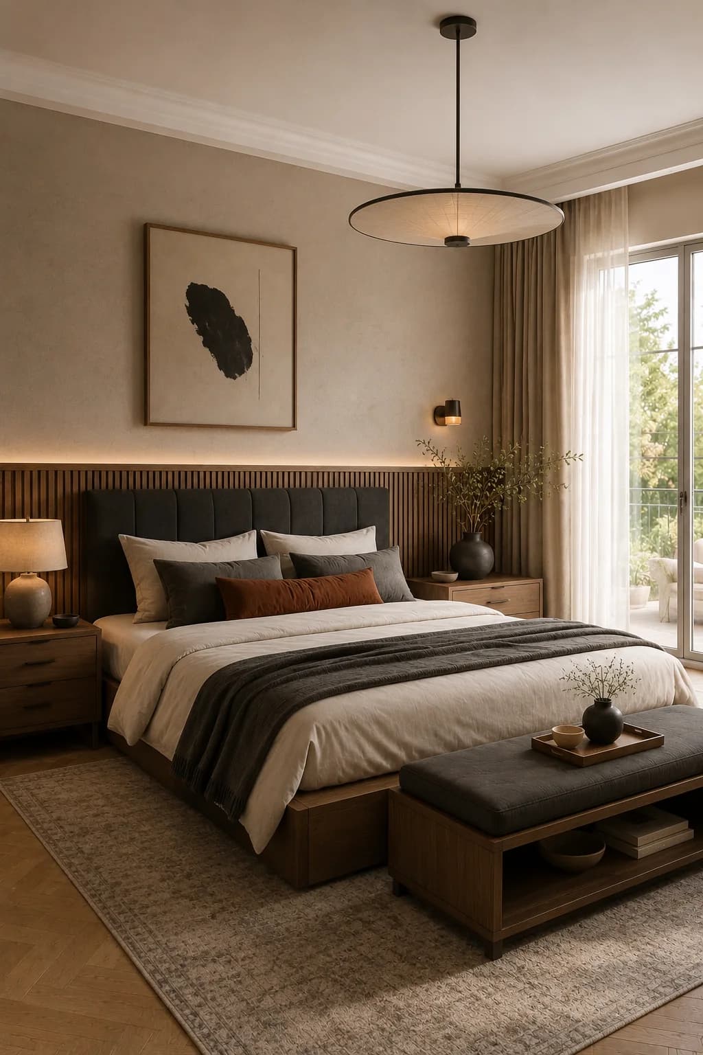 Bedroom with a charcoal upholstered headboard against a low wood slat panel, cream bedding with a charcoal throw and a rust cushion, a thin black pendant, a black vase and a dark upholstered bench