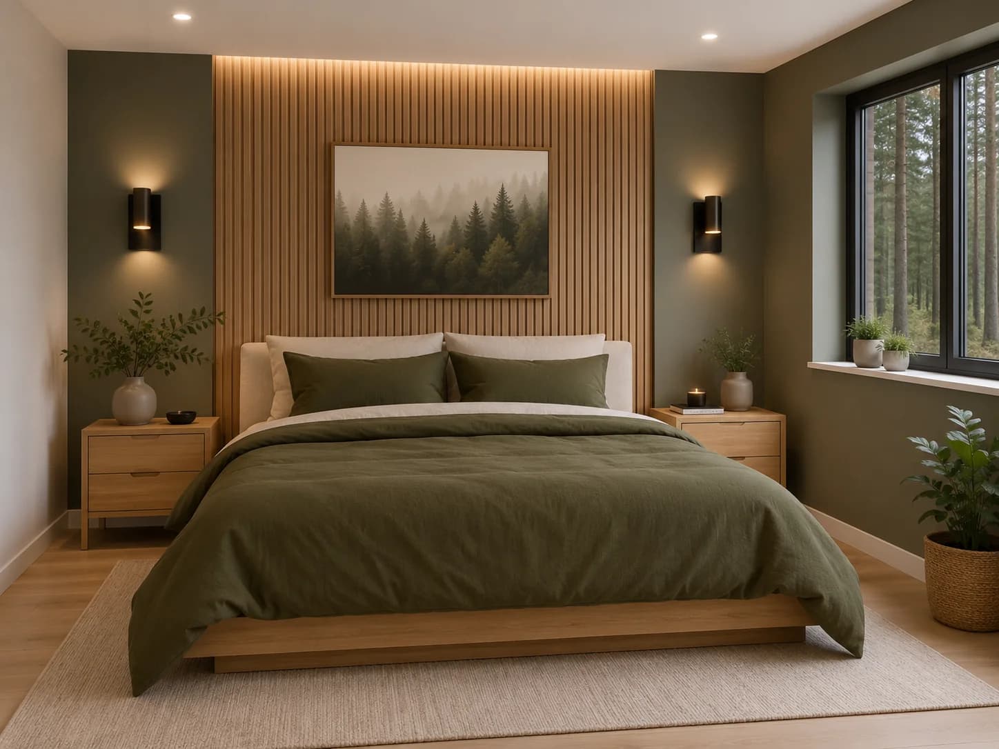 Bedroom with a vertical wood slat panel behind a low oak bed, olive green bedding, muted green side walls, two wall lights, oak nightstands and a pale rug