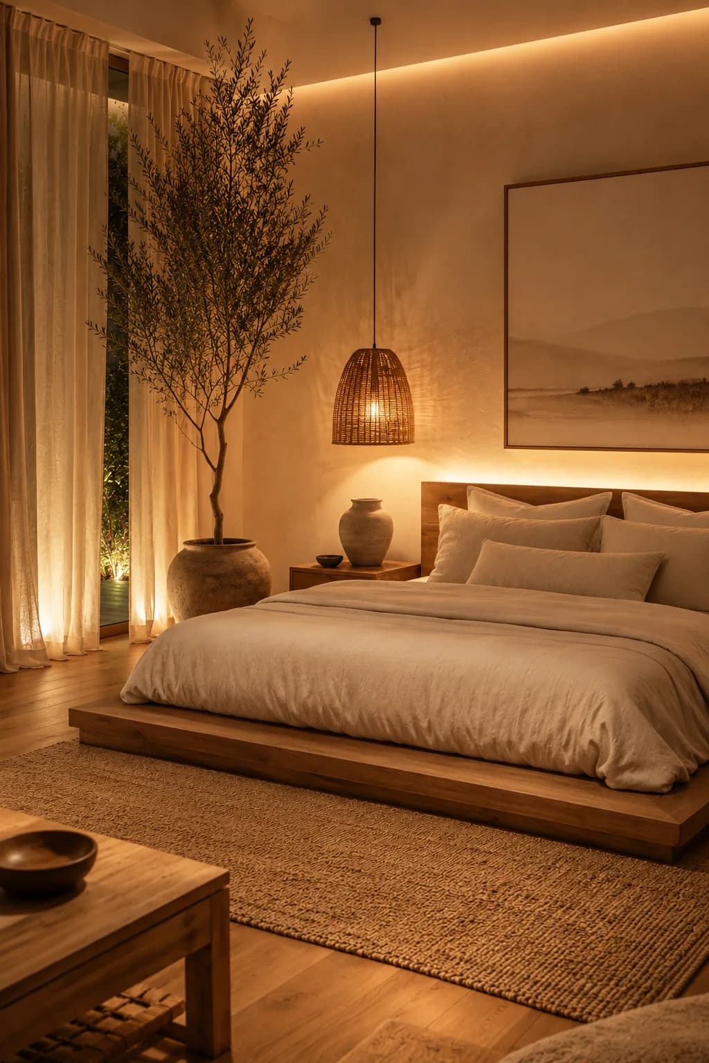 Bedroom in the evening with a low wood platform bed, sand linen bedding, a rattan pendant, a tall olive tree in a clay pot lit from below and a large muted landscape