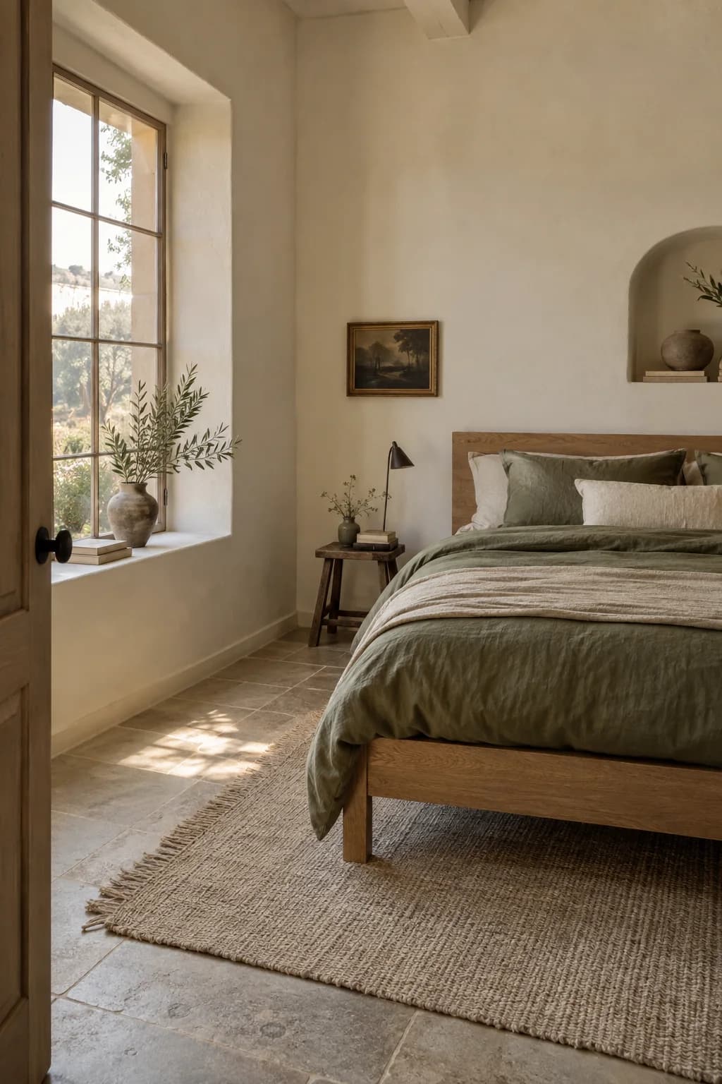 Bedroom with plastered walls and a wall niche, a simple wood bed with deep green linen, a small wooden stool as a nightstand, a deep windowsill with a vase of branches and a fringed jute rug